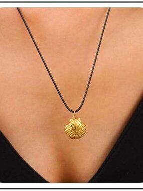 Boho Leather Shell Necklace Gold Seashell Pendant Black Rope Choker